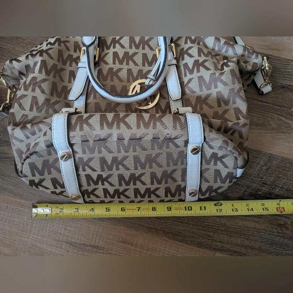 Michael Kors Bedford Signature Satchel Tan Monogram/White trim